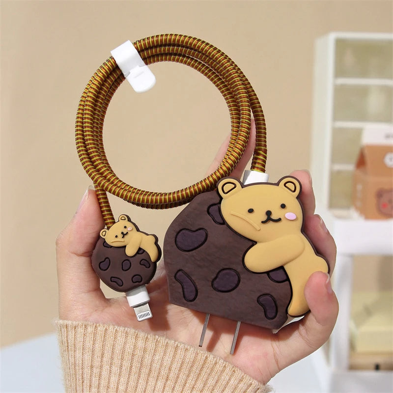 Iphone Charger Case Cover - Cookie Bear - 4 Piece Set (With Wire Protector)