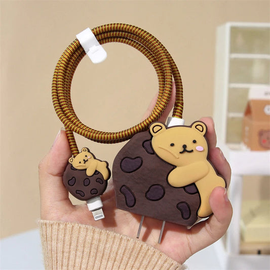 Iphone Charger Case Cover - Cookie Bear - 4 Piece Set (With Wire Protector)