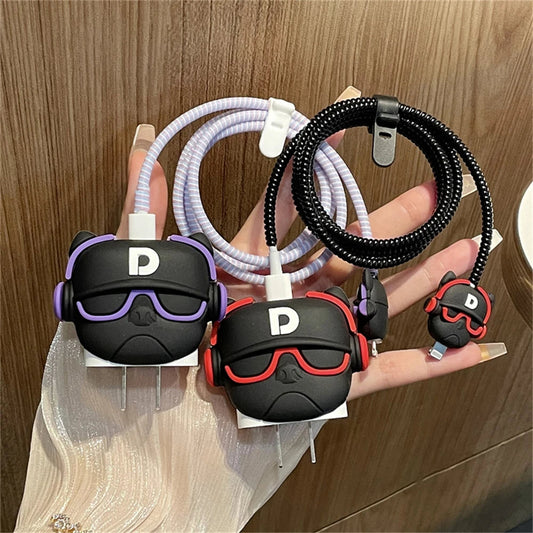 Iphone Charger Case Cover - Trendy Dog- 4 Piece Set (With Wire Protector)