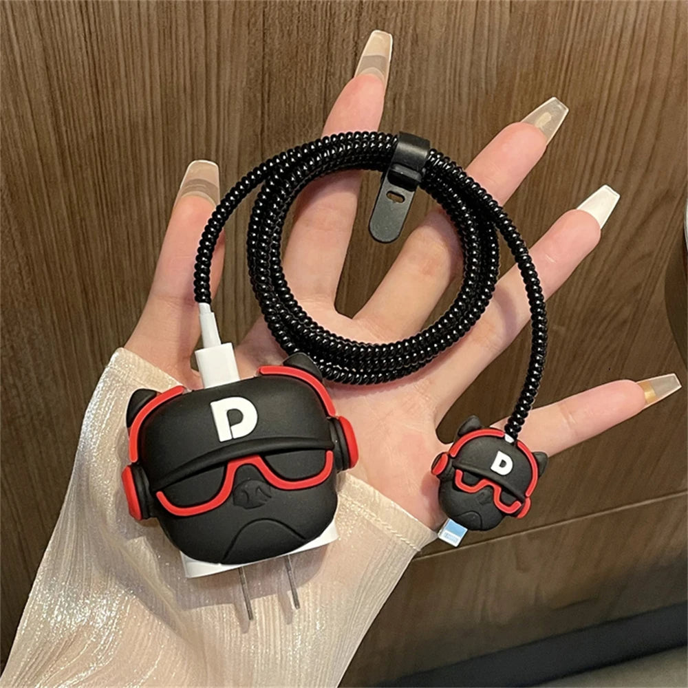 Iphone Charger Case Cover - Trendy Dog- 4 Piece Set (With Wire Protector)