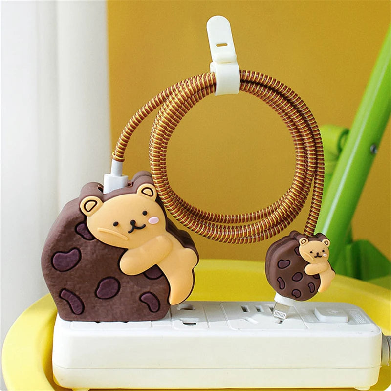Iphone Charger Case Cover - Cookie Bear - 4 Piece Set (With Wire Protector)