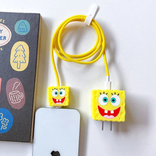 Iphone Charger Case Cover - Yellow SpongeBob - 4 Piece Set (With Wire Protector)