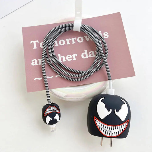 Iphone Charger Case Cover - Marvel Venom - 4 Piece Set (With Wire Protector)