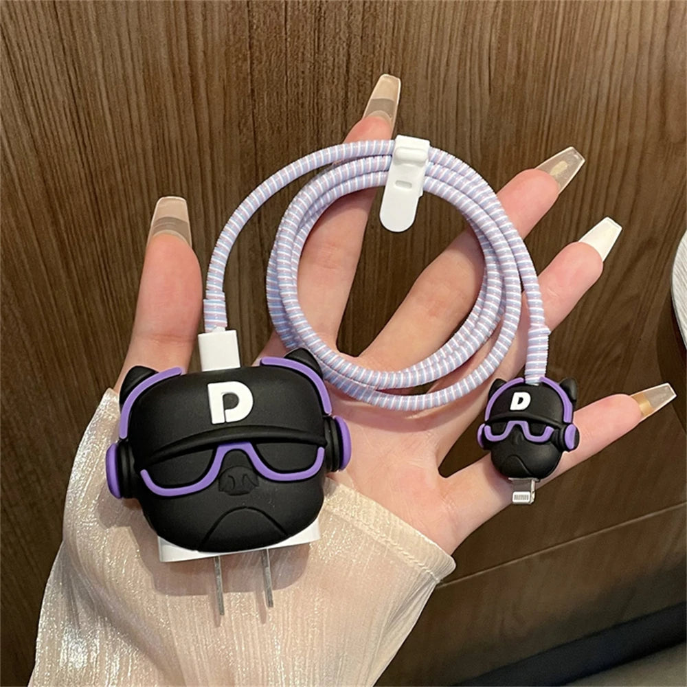 Iphone Charger Case Cover - Trendy Dog- 4 Piece Set (With Wire Protector)
