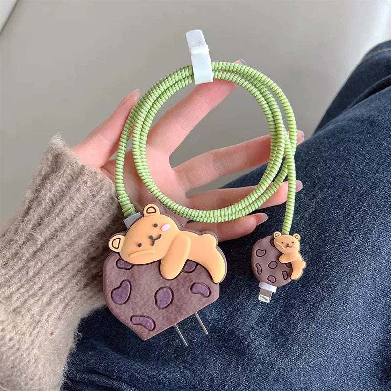 Iphone Charger Case Cover - Cookie Bear - 4 Piece Set (With Wire Protector)