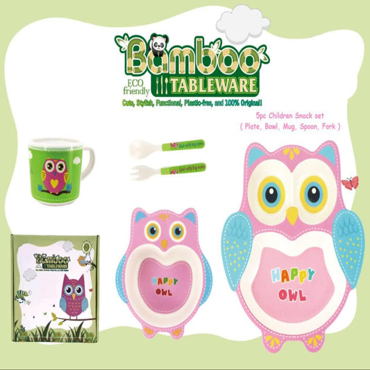 5 Piece Mealtime Bamboo Dinnerware for Kids-Cute Owl