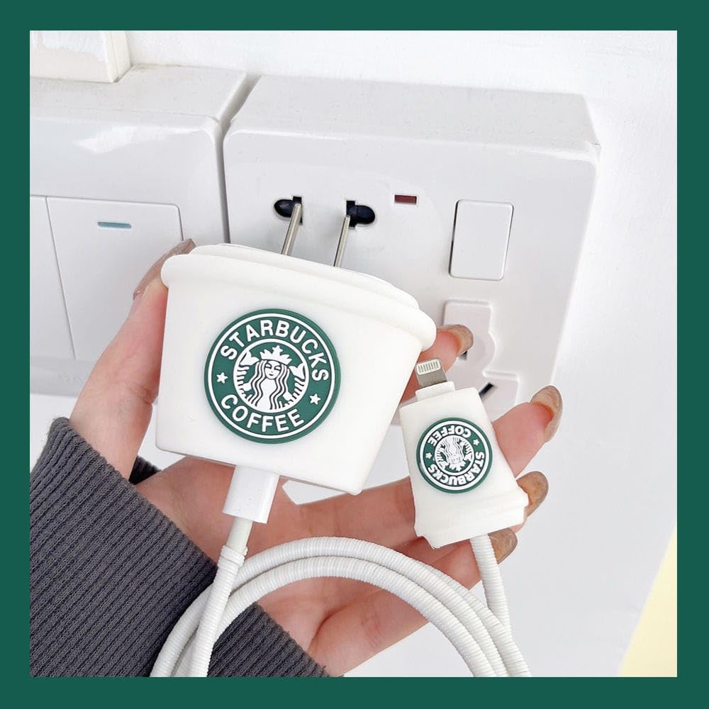 Iphone Charger Case Cover - Starbucks White - 4 Piece Set (With Wire Protector)