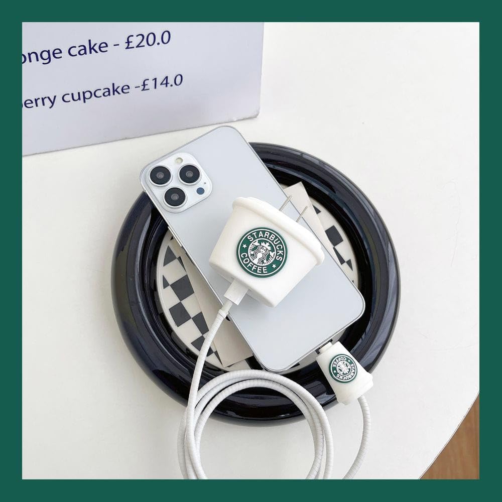 Iphone Charger Case Cover - Starbucks White - 4 Piece Set (With Wire Protector)