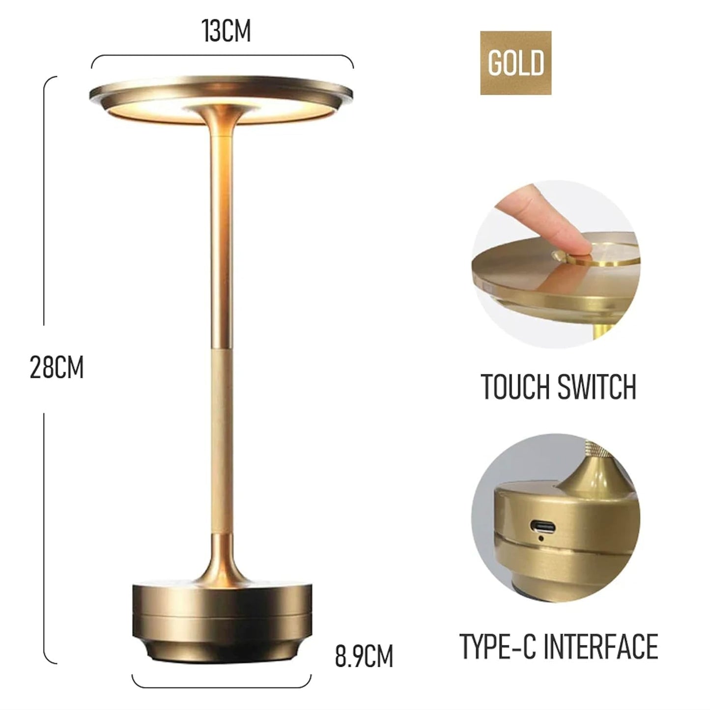 TABLE LAMP GOLDEN METALLIC FLAT TOUCH TOP