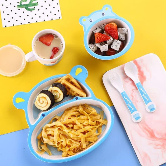 5 Piece Mealtime Bamboo Dinnerware for Kids-Hippopotamus