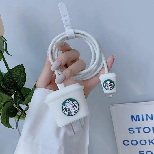 Iphone Charger Case Cover - Starbucks White - 4 Piece Set (With Wire Protector)